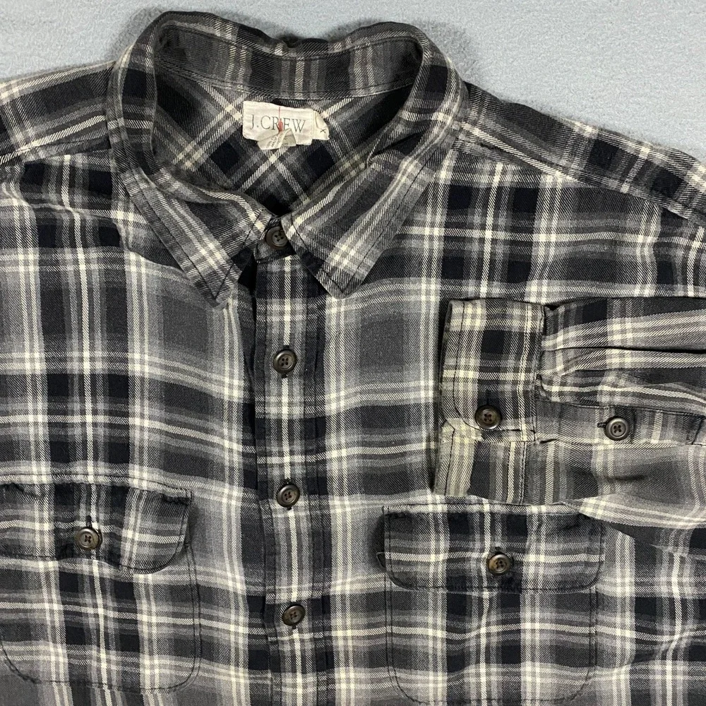 J.Crew Oarsman Flannel Shirt Mens XXL Black Grey Plaid Long Sleeve Pockets